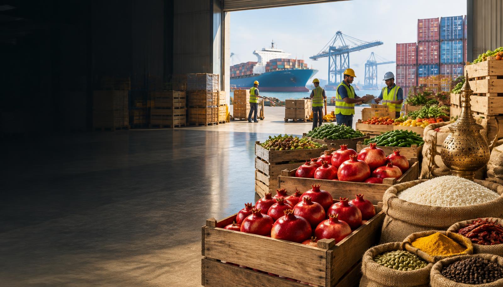 Export warehouse with pomegranates, rice, spices, handicrafts, and international shipping